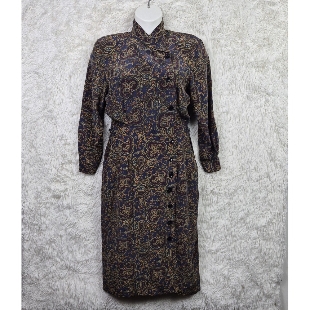 Vtg Talbots Petites Silk Paisley Midi Wrap Dress Navy Blue Button Front Size 10P